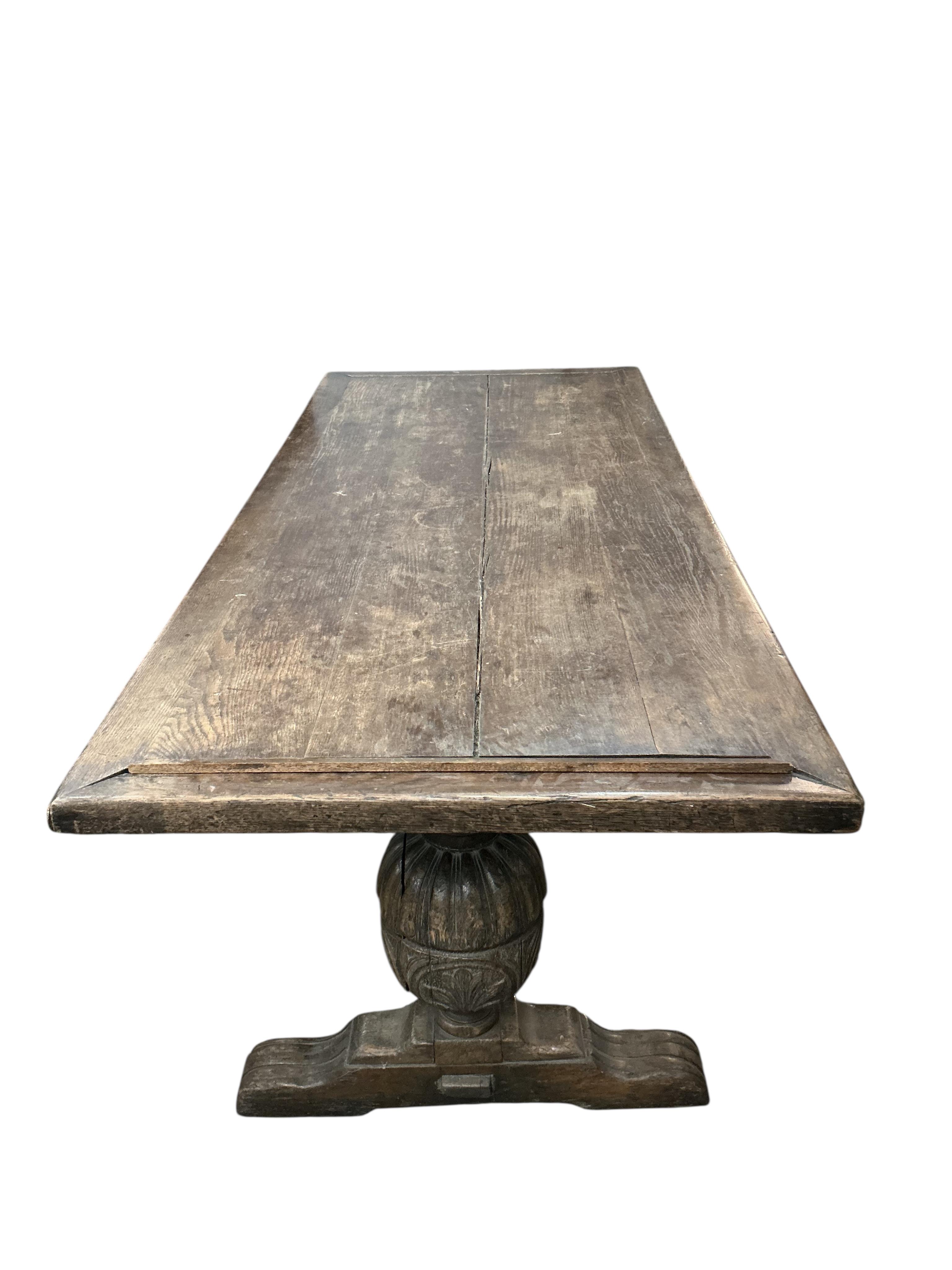 An 18th century style rectangular oak refectory dining table, width 213cm, depth 90cm, height 75cm